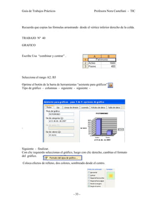 Guía de Trabajos Prácticos                                Profesora Nora Castellani - TIC




Recuerda que copias las fórmulas arrastrando desde el vértice inferior derecho de la celda.


TRABAJO Nº 40

GRAFICO


Escribe Usa “combinar y centrar” .




Selecciona el rango A2; B3

Oprime el botón de la barra de herramientas “asistente para gráficos”
Tipo de gráfico - columnas - siguiente - siguiente -




.




Siguiente - finalizar.
Con clic izquierdo seleccionas el gráfico, luego con clic derecho, cambias el formato
del gráfico.

 Coloca efectos de relleno, dos colores, sombreado desde el centro.




                                         - 33 -
 