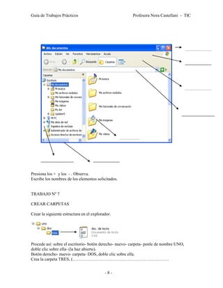 Guía de Trabajos Prácticos                              Profesora Nora Castellani - TIC




Presiona los + y los - . Observa.
Escribe los nombres de los elementos solicitados.


TRABAJO Nº 7

CREAR CARPETAS

Crear la siguiente estructura en el explorador.




Procede así: sobre el escritorio- botón derecho- nuevo- carpeta- ponle de nombre UNO,
doble clic sobre ella- (la haz abierto).
Botón derecho- nuevo- carpeta- DOS, doble clic sobre ella.
Crea la carpeta TRES, (…………………………………………………………


                                           -8-
 
