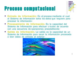 Proceso computacional Entrada de Información:   Es el proceso mediante el cual el Sistema de Información toma los datos que requiere para procesar la información.  Procesamiento de Información:   Es la capacidad del Sistema de Información para efectuar cálculos de acuerdo con una secuencia de operaciones preestablecida.   Salida de Información:   La salida es la capacidad de un Sistema de Información para sacar la información procesada o bien datos de entrada al exterior.   