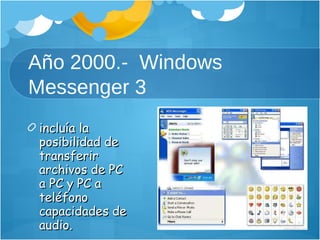 Año 2000.-  Windows Messenger 3 incluía la posibilidad de transferir archivos de PC a PC y PC a teléfono capacidades de audio. 