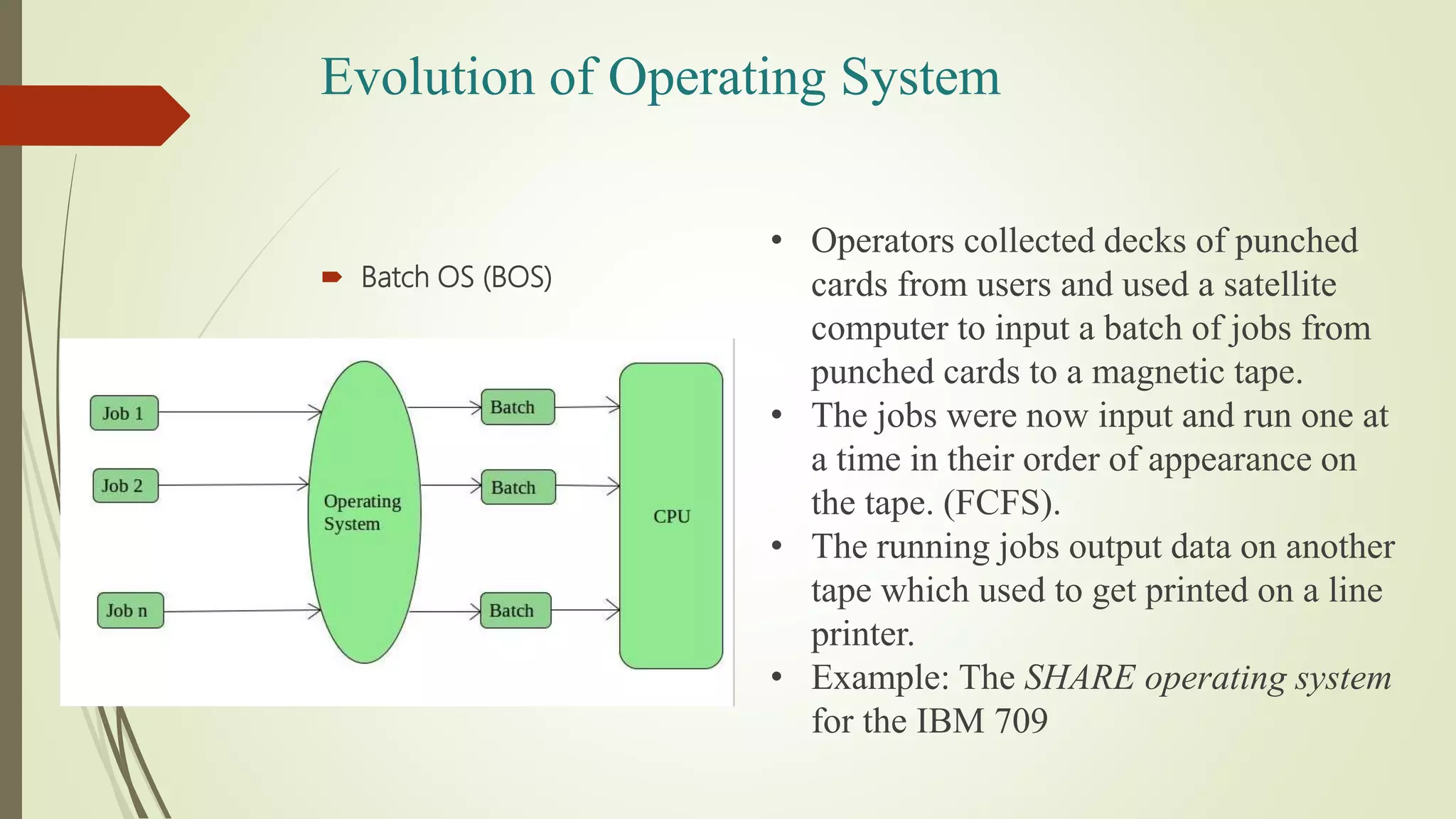 Evolution of Operating System
 Batch OS (BOS)
• Operators collected decks of punched
cards from users and used a satellite
computer to input a batch of jobs from
punched cards to a magnetic tape.
• The jobs were now input and run one at
a time in their order of appearance on
the tape. (FCFS).
• The running jobs output data on another
tape which used to get printed on a line
printer.
• Example: The SHARE operating system
for the IBM 709
 