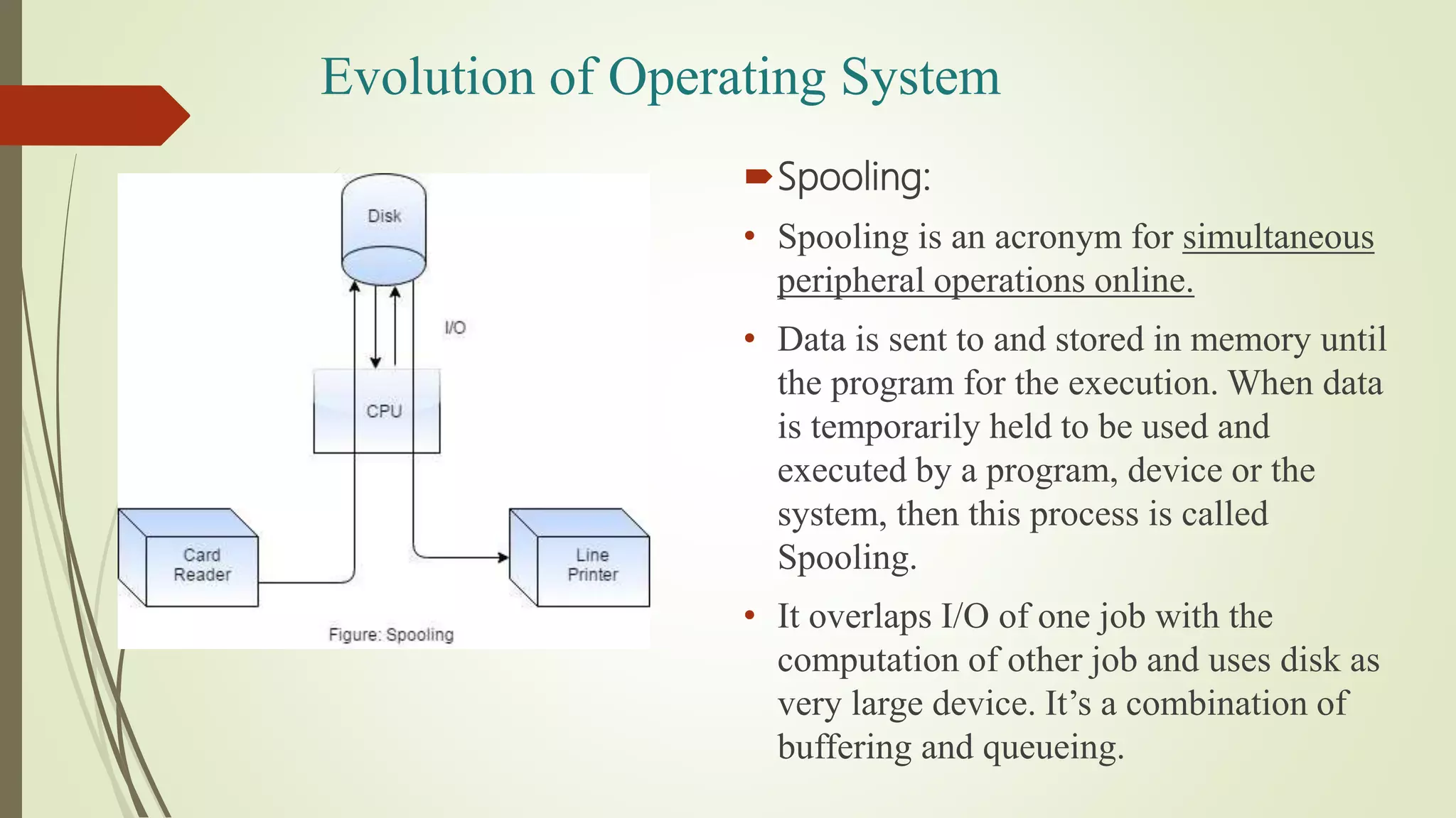 Spooling:
• Spooling is an acronym for simultaneous
peripheral operations online.
• Data is sent to and stored in memory until
the program for the execution. When data
is temporarily held to be used and
executed by a program, device or the
system, then this process is called
Spooling.
• It overlaps I/O of one job with the
computation of other job and uses disk as
very large device. It’s a combination of
buffering and queueing.
Evolution of Operating System
 