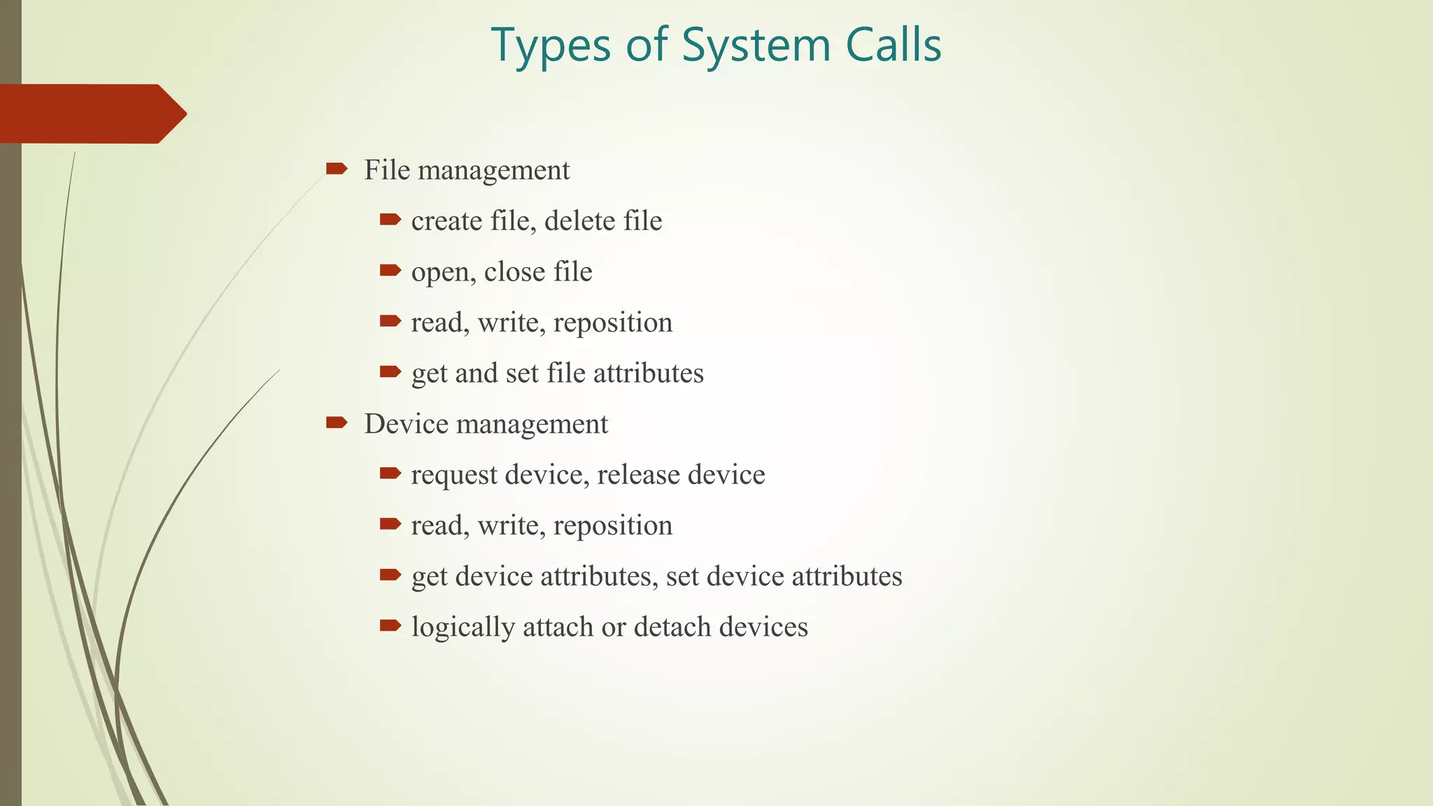 Types of System Calls
 File management
 create file, delete file
 open, close file
 read, write, reposition
 get and set file attributes
 Device management
 request device, release device
 read, write, reposition
 get device attributes, set device attributes
 logically attach or detach devices
 