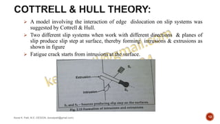  A model involving the interaction of edge dislocation on slip systems was
suggested by Cottrell & Hull.
 Two different slip systems when work with different directions & planes of
slip produce slip step at surface, thereby forming intrusions & extrusions as
shown in figure
 Fatigue crack starts from intrusions at the surface.
Keval K. Patil, M.E.-DESIGN, (kevalpatil@gmail.com) 12
 