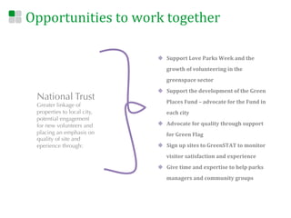 Opportunities	
  to	
  work	
  together	
  

                              u  Support	
  Love	
  Parks	
  Week	
  and	
  the	
  
                                     growth	
  of	
  volunteering	
  in	
  the	
  
                                     greenspace	
  sector	
  
                              u  Support	
  the	
  development	
  of	
  the	
  Green	
  
  National Trust                     Places	
  Fund	
  –	
  advocate	
  for	
  the	
  Fund	
  in	
  
  Greater linkage of
  properties to local city,          each	
  city	
  
  potential engagement
  for new volunteers and      u  Advocate	
  for	
  quality	
  through	
  support	
  
  placing an emphasis on             for	
  Green	
  Flag	
  
  quality of site and
  eperience through:          u  Sign	
  up	
  sites	
  to	
  GreenSTAT	
  to	
  monitor	
  
                                     visitor	
  satisfaction	
  and	
  experience	
  
                              u  Give	
  time	
  and	
  expertise	
  to	
  help	
  parks	
  
                                     managers	
  and	
  community	
  groups	
  
                              	
  
 