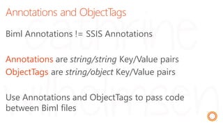 Annotations and ObjectTags
Biml Annotations != SSIS Annotations
Annotations are string/string Key/Value pairs
ObjectTags are string/object Key/Value pairs
Use Annotations and ObjectTags to pass code
between Biml files
 