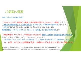 ご提案の概要
当社ナレルシステム株式会社は
「プログラミングが、他教科とも関連した真の論理的思考力につながりにくい課題」に対して
「本格的な論理的思考」を「自分の言葉で」プログラミングする経験をご提供することにより
小中学生が身近な社会に創意工夫で貢献する「生きがい」をもちやすくする
最新鋭の製品「ＨＵＭＡＮＯＴＥ」（※１、２）を開発している石川県内の会社です。
「課題の想像力」や「アイディアの創造力」の支えとなる他教科とも関連した論理的思考力の育成の為
是非とも、すべてご相談ベースでご一緒に歩ませて頂きたく
「ご家庭向けＡＩフレンド」を少しづつ独自化していく授業をその第一歩としてご提案いたします
→ 次回、もう少しお時間を頂き、本格的なデモをさせて頂ければ幸いです。
※「ＨＵＭＡＮＯＴＥ」初版バージョン１．０は、２０１２年に石川県内にて開発されました。今年、石川県工業試験場⾧賞を頂きました。
※国内外に同様の自由文思考プログラミング製品が存在せず、この７年間で２０件以上の国内外特許を申請し１００件以上の改良を推進中。
 