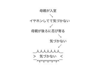 母親が入室
  ↘
 イヤホンしてて気づかない
  ↙
母親が後ろに忍び寄る
       ↘
      気づかない
       ↙
＿人人人人人人人＿
＞ 気づかない ＜
￣^Y^Y^Y^Y^Y^￣
 