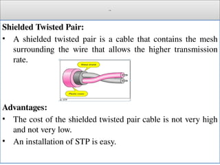 Cont.
Shielded Twisted Pair:
• A shielded twisted pair is a cable that contains the mesh
surrounding the wire that allows the higher transmission
rate.
Advantages:
• The cost of the shielded twisted pair cable is not very high
and not very low.
• An installation of STP is easy.
 