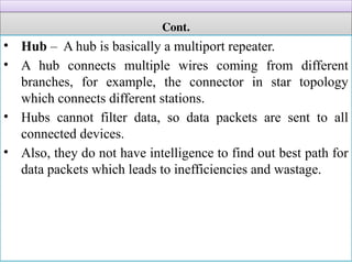 Cont.
• Hub – A hub is basically a multiport repeater.
• A hub connects multiple wires coming from different
branches, for example, the connector in star topology
which connects different stations.
• Hubs cannot filter data, so data packets are sent to all
connected devices.
• Also, they do not have intelligence to find out best path for
data packets which leads to inefficiencies and wastage.
 