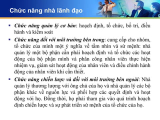 Chức năng nhà lãnh đạo

 Chức năng quản lý cơ bản: hoạch định, tổ chức, bố trí, điều
  hành và kiểm soát
 Chức năng đối với môi trường bên trong: cung cấp cho nhóm,
  tổ chức của mình một ý nghĩa về tầm nhìn và sứ mệnh: nhà
  quản lý một bộ phận cần phải hoạch định và tổ chức các hoạt
  động của bộ phận mình và phân công nhân viên thực hiện
  nhiệm vụ, giám sát hoạt động của nhân viên và điều chỉnh hành
  động của nhân viên khi cần thiết.
 Chức năng chiến lược và đối với môi trường bên ngoài: Nhà
  quản lý thương lượng với ông chủ của họ và nhà quản lý các bộ
  phận khác về nguồn lực và phối hợp các quyết định và hoạt
  động với họ. Đồng thời, họ phải tham gia vào quá trình hoạch
  định chiến lược và sự phát triển sứ mệnh của tổ chức của họ.
 