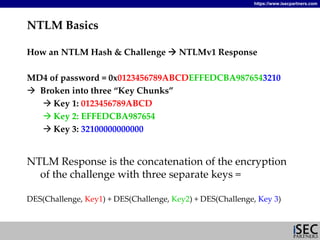 https://www.isecpartners.com




NTLM Basics

How an NTLM Hash & Challenge            NTLMv1 Response

MD4 of password = 0...