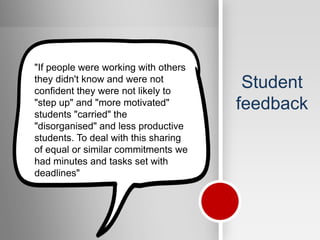 "If people were working with others
they didn't know and were not
confident they were not likely to
                                       Student
"step up" and "more motivated"
students "carried" the
                                      feedback
"disorganised" and less productive
students. To deal with this sharing
of equal or similar commitments we
had minutes and tasks set with
deadlines"
 