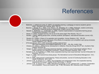 References

•   Ballantine, J., & McCourt Larres, P. (2007). Co-operative learning: a pedagogy to improve students’ generic
               skills? Education and Training, 49(2), 126-137.
•   Baloche, L., Mauger, M. L., Willis, T. M., Filinuk, J. R., Michalsky, B. V. (1993). Fishbowls, creative controversy,
               talking chips: Exploring literature cooperatively. English Journal, 82(6), 43-49
•   Bassett, C., McWhirter, J. J., & Kitzmiller, K. (1999). Teacher implementation of cooperative learning groups.
               Contemporary Education, 7(1), 46-50
•   Bowen, S. (2005). Engaged learning: Are we all on the same page? Peer Review, 7(2), 4-7
•   Burdett, J. (2003). Making groups work: university students’ perceptions. International Education Journal, 4(3),
               177- 191.
•   Deutsch, M. (1949a). A theory of co-operation and competition. Human Relations, 2(2), 129-152
•   Deutsch, M. (1949b). An experimental study of the effects of co-operation and competition upon group processes.
               Human Relations, 2 (3), 199-231
•   DTS International. (2011). DISC personality profiling retrieved from
               http://www.dtssydney.com/images/images/what_is_disc___the_disc_model_2.jpg
•   Drewery, W., & Bird, L. (2004) Human development in Aotearoa. A journey through life (2nd ed.). Auckland, New
               Zealand: McGraw Hill
•   Gerges, G. (2001). Factors influencing preservice teachers’ variation in use of instructional methods: Why is
               teacher efficacy not a significant contributor? Teacher Education Quarterly, 28(4), 71-88
•   Hampton, D. R., & Grudnitski, G. (1996). Does cooperative learning mean equal learning? Journal of Education for
               Business, 72(1), 5-7
•   Hogan, C. (1999). Semi-autonomous study groups. The International Journal of Educational Management, 13(1),
               31-44.
•   Imel, S. (1999). Using groups in adult learning: Theory and practice. Journal of Continuing Education in the
               Health Professions, 19(1), 54-61
•   Johnson, D.W., & Johnson, R. T. (1983). The socialization and achievement crisis: Are cooperative learning
               experiences the answer? Applied Social Psychology, 4, 199-224
•   Johnson, D.W., & Johnson, R. T. (1989). Motivational processes. In D.W. Johnson & R. T. Johnson, Cooperation
               and competition: Theory and research. (pp. 77-86). Minnesota, MN: Interaction Book Company.
 