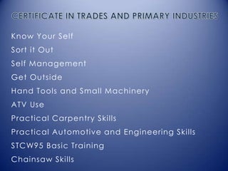 Know Your Self
Sort it Out
Self Management
Get Outside
Hand Tools and Small Machinery
ATV Use
Practical Carpentry Skills
Practical Automotive and Engineering Skills
STCW95 Basic Training
Chainsaw Skills
 