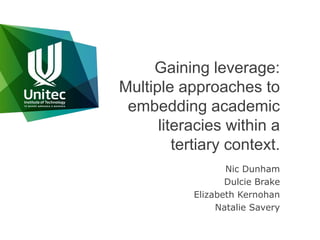 Gaining leverage: Multiple approaches to embedding academic literacies within a tertiary context. Nic Dunham Dulcie Brake Elizabeth Kernohan Natalie Savery 