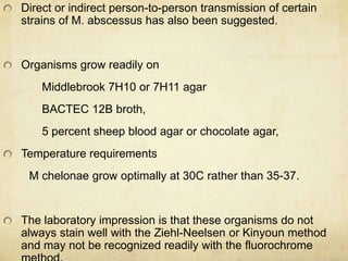 Direct or indirect person-to-person transmission of certain
strains of M. abscessus has also been suggested.
Organisms grow readily on
Middlebrook 7H10 or 7H11 agar
BACTEC 12B broth,
5 percent sheep blood agar or chocolate agar,
Temperature requirements
M chelonae grow optimally at 30C rather than 35-37.
The laboratory impression is that these organisms do not
always stain well with the Ziehl-Neelsen or Kinyoun method
and may not be recognized readily with the fluorochrome
 