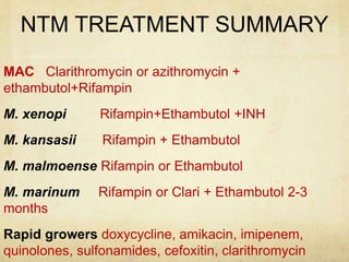 NTM TREATMENT SUMMARY
MAC Clarithromycin or azithromycin +
ethambutol+Rifampin
M. xenopi Rifampin+Ethambutol +INH
M. kansasii Rifampin + Ethambutol
M. malmoense Rifampin or Ethambutol
M. marinum Rifampin or Clari + Ethambutol 2-3
months
Rapid growers doxycycline, amikacin, imipenem,
quinolones, sulfonamides, cefoxitin, clarithromycin
 