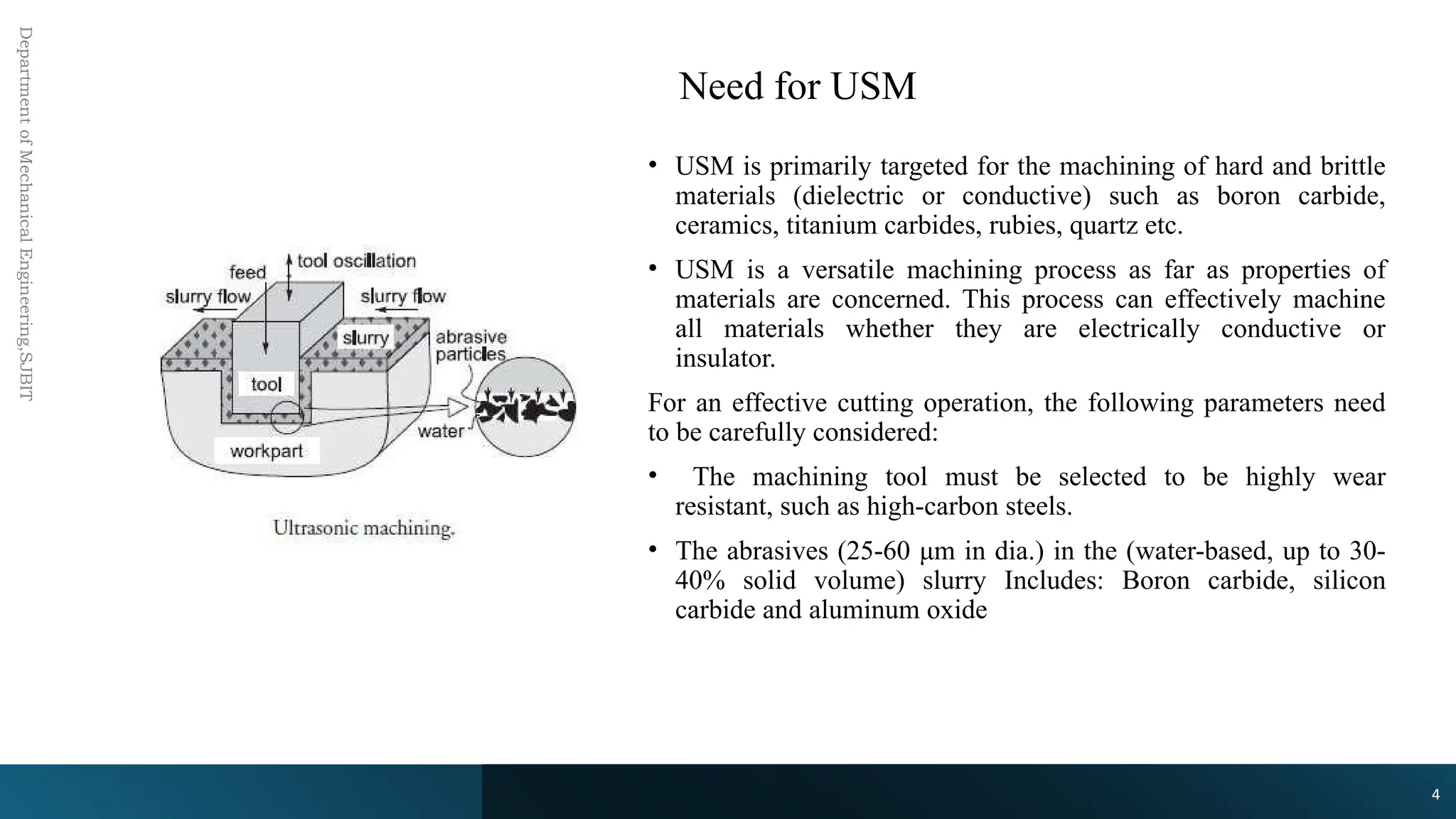 Need for USM
Department
of
Mechanical
Engineering,SJBIT
• USM is primarily targeted for the machining of hard and brittle
materials (dielectric or conductive) such as boron carbide,
ceramics, titanium carbides, rubies, quartz etc.
• USM is a versatile machining process as far as properties of
materials are concerned. This process can effectively machine
all materials whether they are electrically conductive or
insulator.
For an effective cutting operation, the following parameters need
to be carefully considered:
• The machining tool must be selected to be highly wear
resistant, such as high-carbon steels.
• The abrasives (25-60 μm in dia.) in the (water-based, up to 30-
40% solid volume) slurry Includes: Boron carbide, silicon
carbide and aluminum oxide
4
 
