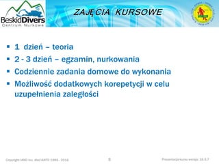 Copyright IAND Inc. dba IANTD 1985 - 2016 Prezentacja kursu wersja: 16.5.7
 1 dzień – teoria
 2 - 3 dzień – egzamin, nurkowania
 Codziennie zadania domowe do wykonania
 Możliwość dodatkowych korepetycji w celu
uzupełnienia zaległości
5
 