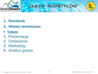 Copyright IAND Inc. dba IANTD 1985 - 2016 Prezentacja kursu wersja: 16.5.7
1. Standardy
2. Wiedza teoretyczna:
 Tabele
3. Prezentacje
4. Omówienia
5. Marketing
6. Analiza gazów
7
 