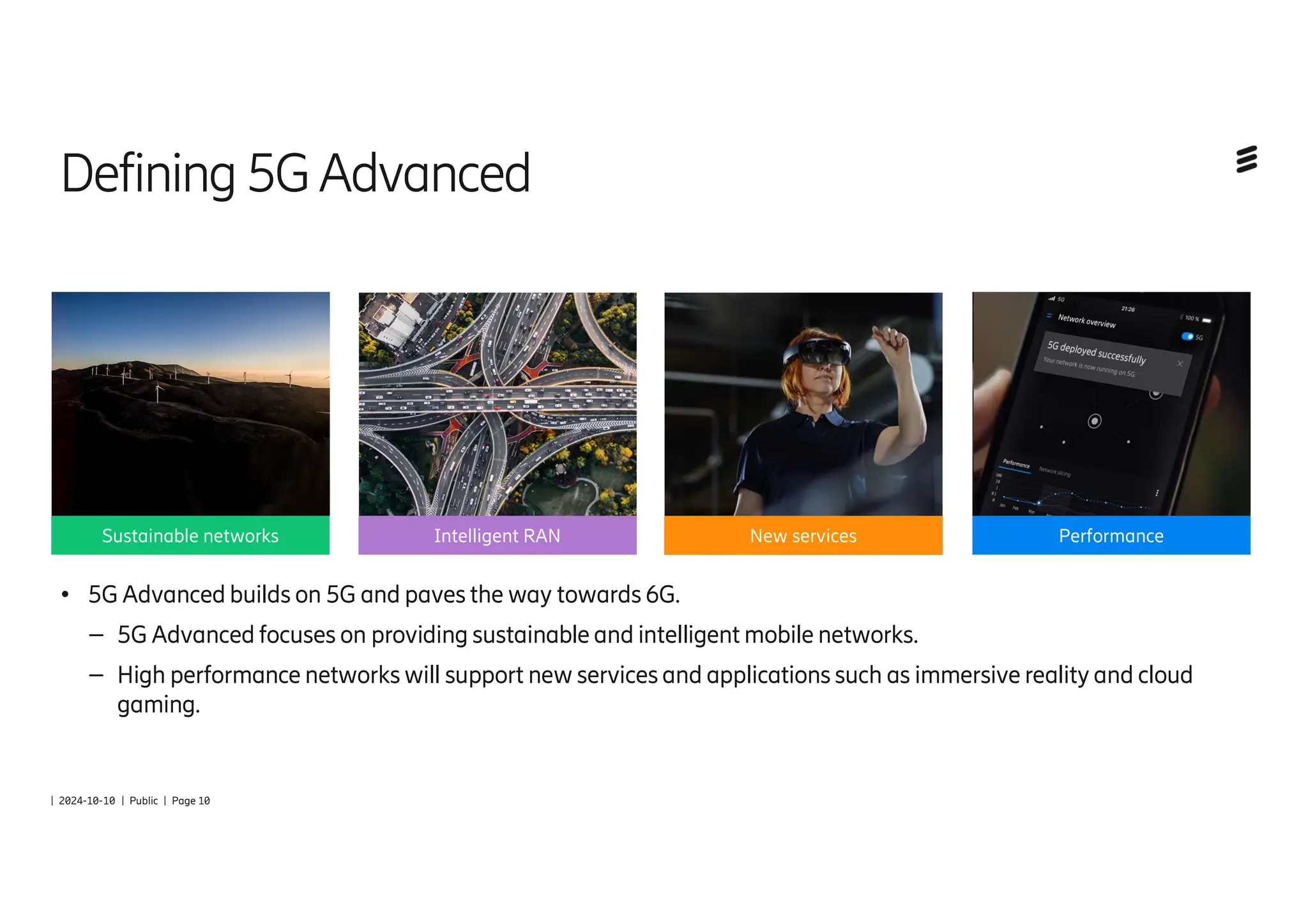 | 2024-10-10 | Public | Page 10
Defining 5GAdvanced
● 5G Advanced builds on 5G and paves the way towards 6G.
– 5G Advanced focuses on providing sustainable and intelligent mobile networks.
– High performance networks will support new services and applications such as immersive reality and cloud
gaming.
Sustainable networks Intelligent RAN New services Performance
 