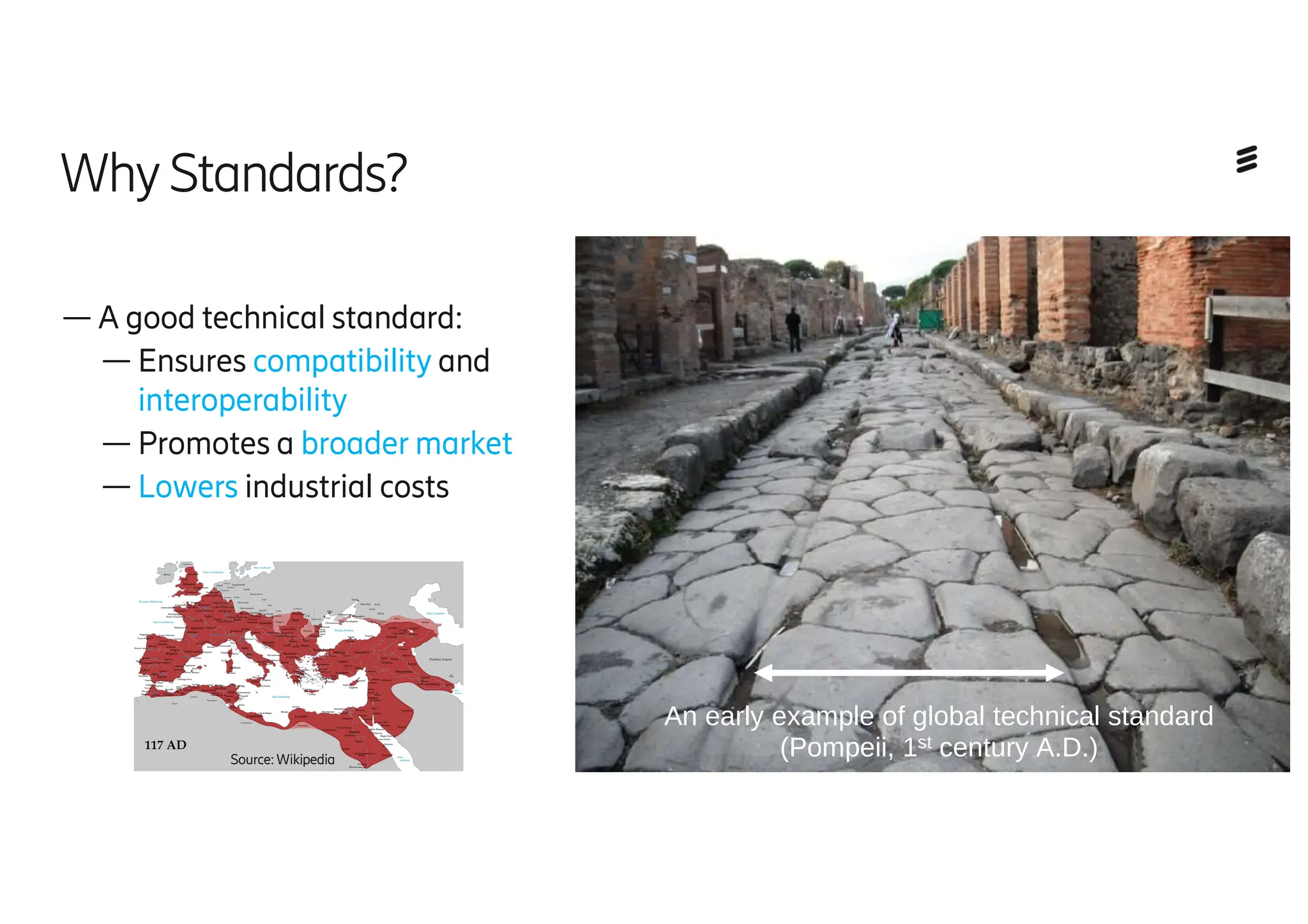 WhyStandards?
— A good technical standard:
— Ensures compatibility and
interoperability
— Promotes a broader market
— Lowers industrial costs
An early example of global technical standard
(Pompeii, 1st century A.D.)
Source:Wikipedia
 