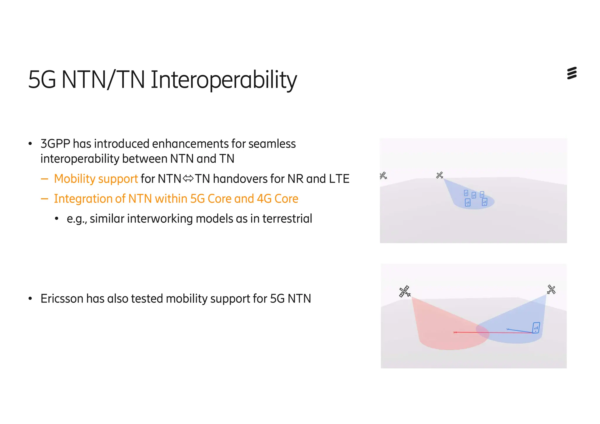 5GNTN/TN Interoperability
● 3GPP has introduced enhancements for seamless
interoperability between NTN and TN
– Mobility support for NTNTN handovers for NR and LTE
– Integration of NTN within 5G Core and 4G Core
● e.g., similar interworking models as in terrestrial
● Ericsson has also tested mobility support for 5G NTN
 