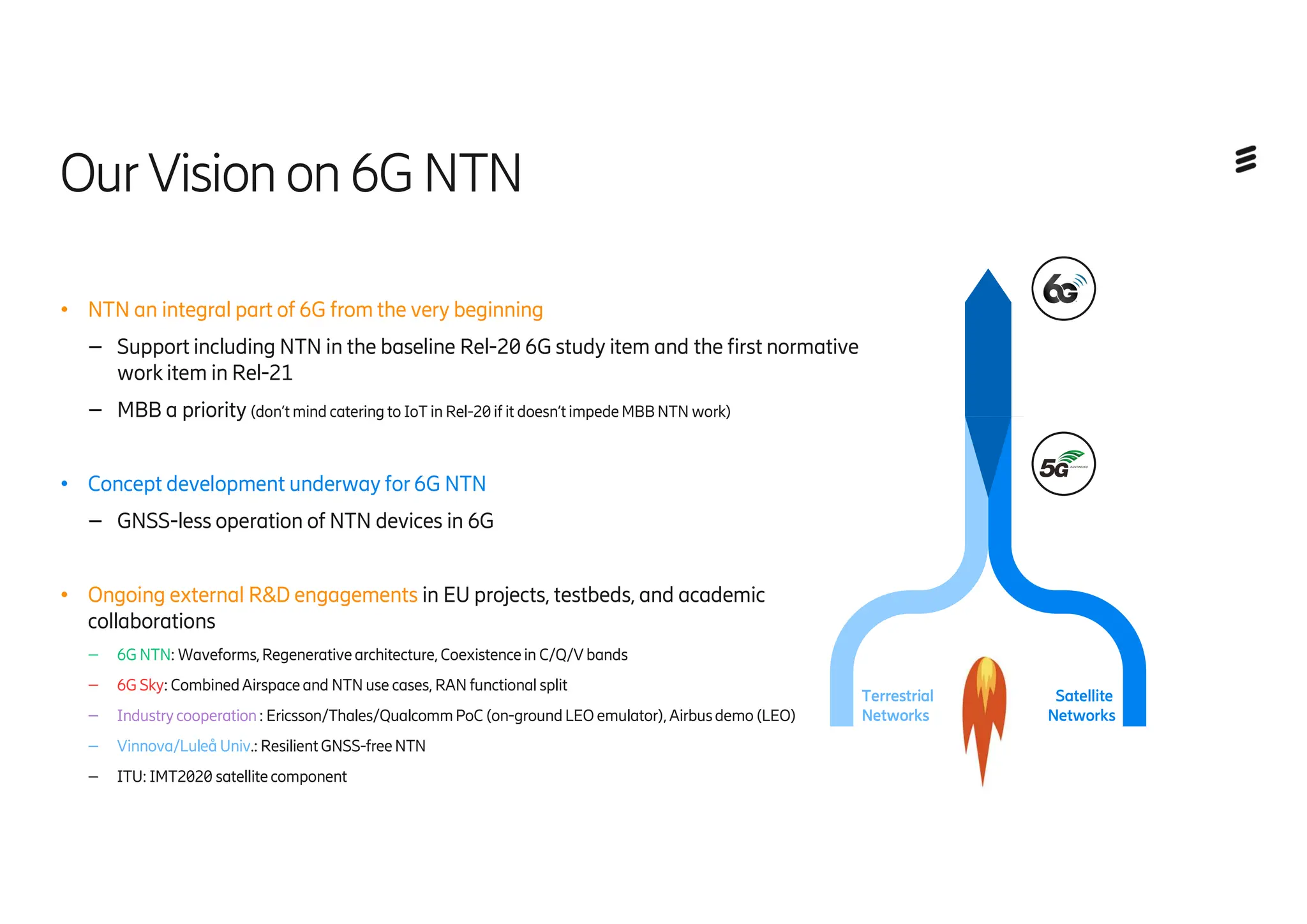 ● NTN an integral part of 6G from the very beginning
– Support including NTN in the baseline Rel-20 6G study item and the first normative
work item in Rel-21
– MBB a priority (don’t mind catering to IoT in Rel-20if it doesn’timpedeMBBNTN work)
● Concept development underway for 6G NTN
– GNSS-less operation of NTN devices in 6G
● Ongoing external R&D engagements in EU projects, testbeds, and academic
collaborations
– 6G NTN: Waveforms,Regenerativearchitecture, Coexistencein C/Q/Vbands
– 6G Sky: CombinedAirspaceand NTN use cases, RAN functional split
– Industrycooperation: Ericsson/Thales/QualcommPoC (on-groundLEO emulator),Airbusdemo(LEO)
– Vinnova/Luleå Univ.: ResilientGNSS-freeNTN
– ITU: IMT2020 satellitecomponent
OurVisionon6GNTN
6G – True Unification
5G & 5G-Adv – Integration
Terrestrial
Networks
Satellite
Networks
 