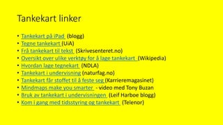 Tankekart linker
• Tankekart på iPad (blogg)
• Tegne tankekart (UiA)
• Frå tankekart til tekst (Skrivesenteret.no)
• Oversikt over ulike verktøy for å lage tankekart (Wikipedia)
• Hvordan lage tegnekart (NDLA)
• Tankekart i undervisning (naturfag.no)
• Tankekart får stoffet til å feste seg (Karrieremagasinet)
• Mindmaps make you smarter - video med Tony Buzan
• Bruk av tankekart i undervisningen (Leif Harboe blogg)
• Kom i gang med tidsstyring og tankekart (Telenor)
 