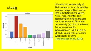 utvalg
Vi hadde et bruttoutvalg på
708 studenter fra ni forskjellige
studieretninger. Disse var fra
fem ulike høgskoler i Norge.
Antall respondenter som
gjennomførte undersøkelsen
var 412 stykker. Vi fikk da et
nettoutvalg (N) på 412 enheter.
Svarresponsen eller
svarprosenten i vårt studie er
58 %. Et vanlig mål for en bra
svarprosent er 50 %
(Johannessen et al., 2010).
 