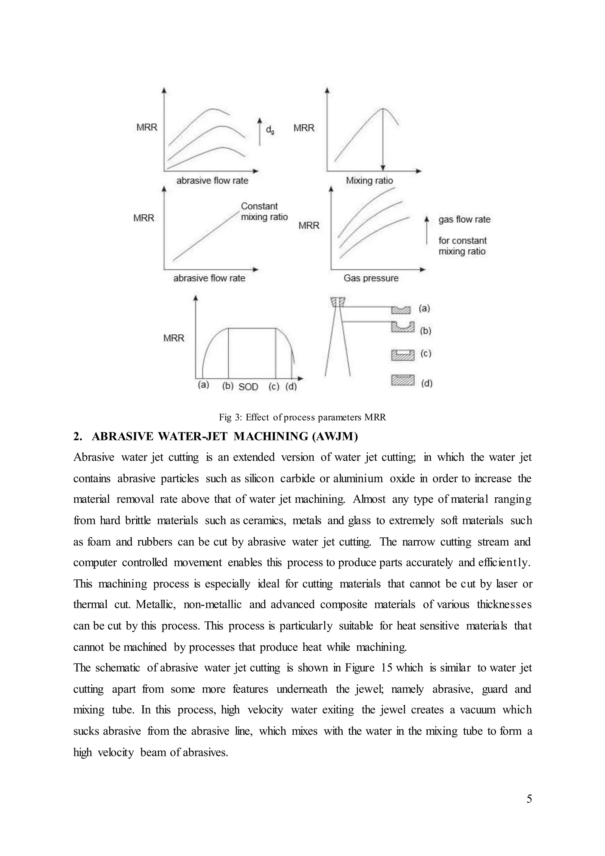 5
Fig 3: Effect of process parameters MRR
2. ABRASIVE WATER-JET MACHINING (AWJM)
Abrasive water jet cutting is an extended version of water jet cutting; in which the water jet
contains abrasive particles such as silicon carbide or aluminium oxide in order to increase the
material removal rate above that of water jet machining. Almost any type of material ranging
from hard brittle materials such as ceramics, metals and glass to extremely soft materials such
as foam and rubbers can be cut by abrasive water jet cutting. The narrow cutting stream and
computer controlled movement enables this process to produce parts accurately and efficiently.
This machining process is especially ideal for cutting materials that cannot be cut by laser or
thermal cut. Metallic, non-metallic and advanced composite materials of various thicknesses
can be cut by this process. This process is particularly suitable for heat sensitive materials that
cannot be machined by processes that produce heat while machining.
The schematic of abrasive water jet cutting is shown in Figure 15 which is similar to water jet
cutting apart from some more features underneath the jewel; namely abrasive, guard and
mixing tube. In this process, high velocity water exiting the jewel creates a vacuum which
sucks abrasive from the abrasive line, which mixes with the water in the mixing tube to form a
high velocity beam of abrasives.
 