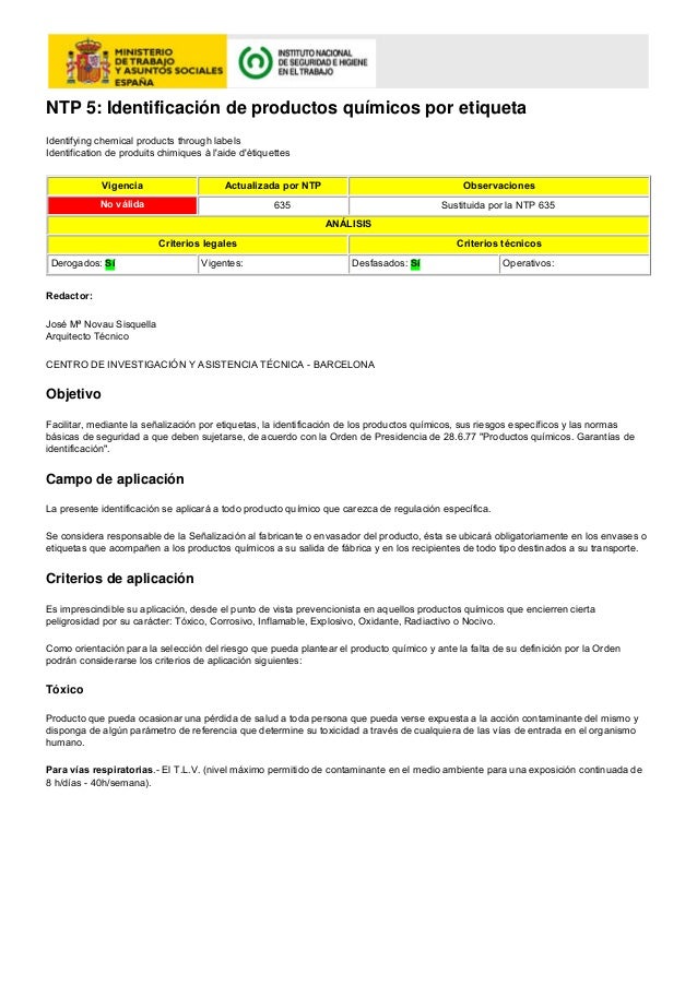 PREVENCION, SEGURIDAD Y SALUD LABORAL NTP 5 PREVENCION, SEGURIDAD Y SALUD LABORAL NTP 5