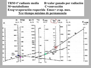 TRM=tª radiante media  R=calor ganado por radiación M=metabolismo  C=convección Ereq=evaporación requerida  Emax= evap. max.    Tex=tiempo máximo de permanencia   