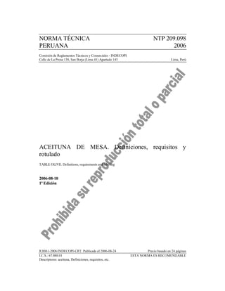 NTP 209.098.2006 ACEITUNA DE MESA. Definiciones, requisitos y rotulado.pdf