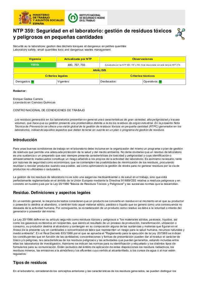 NTP 359 PREVENCION, SEGURIDAD Y SALUD LABORAL NTP 359 PREVENCION, SEGURIDAD Y SALUD LABORAL