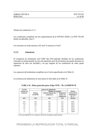 NORMA TÉCNICA NTP 370.252
PERUANA 61 de 80
Número de conductores 2 o 3.
Los conductores cumplirán con los requerimientos de la NTP-IEC 60228 y la NTP 370.250
donde sea aplicable, clase 5.
Las secciones no serán menores a 0,5 mm2
ni mayores a 6 mm2
.
11.3.2 Aislamiento
El compuesto de aislamiento será LSHF tipo H/D aplicado alrededor de los conductores
colocados en forma paralela en una sola operación, pero de tal manera que pueda efectuarse la
separación de ellos con facilidad y sin que ninguno de los conductores de cobre quede
expuesto.
Los espesores del aislamiento cumplirán con el valor especificado en la Tabla 16.
La resistencia de aislamiento no será menor al valor dado en la Tabla 16.
TABLA 16 - Datos generales para el tipo TFM – 70 y LSOHFM-70
Espesor de aislamiento
Mínimo en un punto
Sección
nominal del
conductor Mínimo
promedio
Antes de separar los
conductores
Después de
separar los
conductores
Mínima
resistencia de
aislamiento a
70 º C(1)
mm² mm mm mm M-km
0,5
0,75
1,0
1,5
2,5
4
6
0,8
0,8
0,8
1,1
1,1
1,1
1,1
0,6
0,6
0,6
0,9
0,9
0,9
0,9
0,3
0,3
0,3
0,4
0,4
0,4
0,4
0,017
0,015
0,013
0,013
0,011
0,010
0,009
(1) En una longitud de 5 m y luego de 2 horas de sumergido en agua caliente
PROHIBIDA LA REPRODUCION TOTAL O PARCIAL
 
