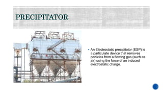  An Electrostatic precipitator (ESP) is
a particulate device that removes
particles from a flowing gas (such as
air) using the force of an induced
electrostatic charge.
 