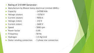  Rating of 210 MW Generator-
 Manufacture by Bharat heavy electrical Limited (BHEL)
 Capacity - 247000 KVA
 Voltage (stator) - 15750 V
 Current (stator) - 9050 A
 Voltage (rotor) - 310 V
 Current (rotor) - 2600 V
 Speed - 3000 rpm
 Power factor - 0.85
 Frequency - 50 Hz
 Hydrogen - 3.5 Kg/cm2
 Stator winding connection - 3 phase star connection
 