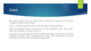 Cont..
The metal which does not allow free movement of electrons or electric
charge is called as an insulator.
Hence, insulators resist electricity with their high resisting property.
There are different types of insulators such as suspension type, strain type,
stray type, shackle, pin type and so on.
A few types of insulators are shown in the above figure. Insulators are used for
insulation purpose while erecting electric poles with conductors to avoid
short circuit and for other insulation requirements.
 