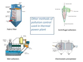 Fabric filter Centrifugal collectors
Wet collectors Electrostatic precipitator
Other methods of
pollution control
used in thermal
power plant
 