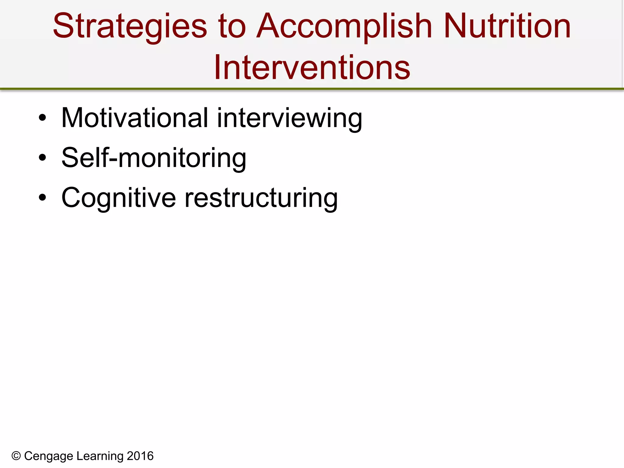 © Cengage Learning 2016
Strategies to Accomplish Nutrition
Interventions
• Motivational interviewing
• Self-monitoring
• Cognitive restructuring
 