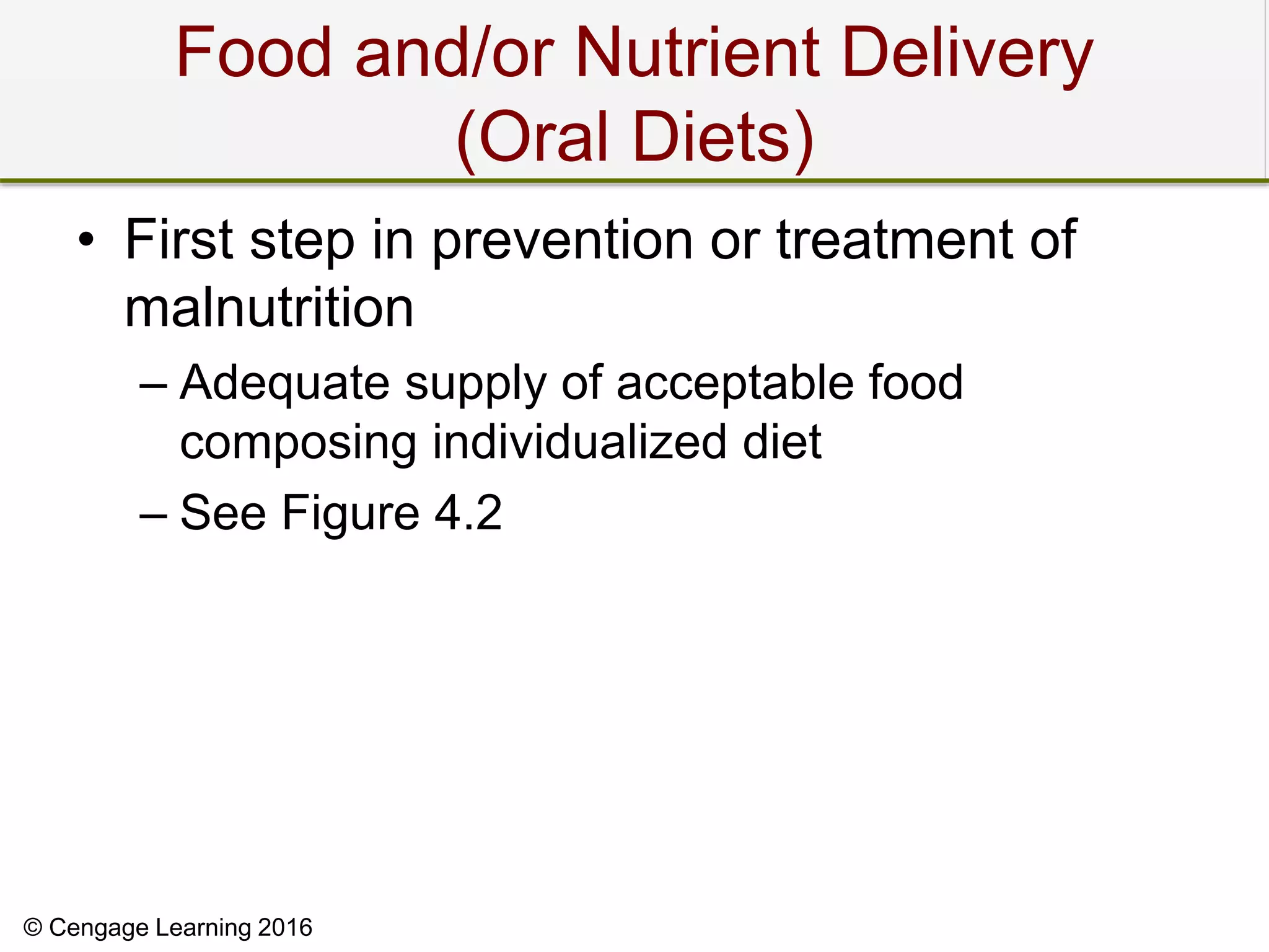 © Cengage Learning 2016
Food and/or Nutrient Delivery
(Oral Diets)
• First step in prevention or treatment of
malnutrition
– Adequate supply of acceptable food
composing individualized diet
– See Figure 4.2
 