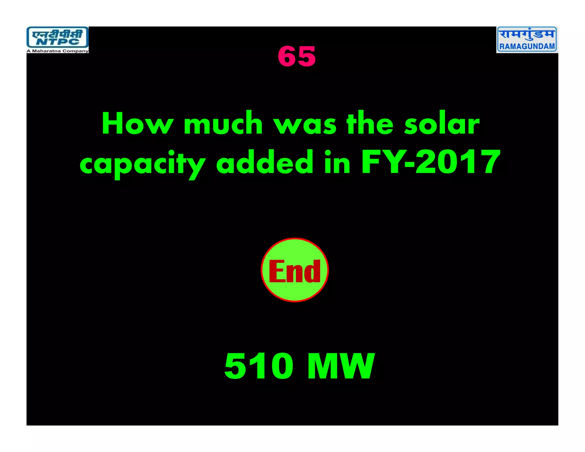 65
2019181716151413121110987654321End
How much was the solar
capacity added in FY-2017
510 MW
 