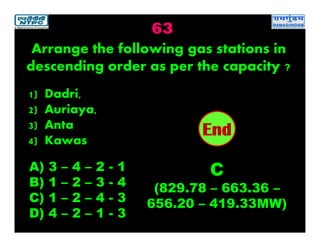 63
2019181716151413121110987654321End
Arrange the following gas stations in
descending order as per the capacity ?
1) Dadri,
2) Auriaya,
3) Anta
4) Kawas
C
(829.78 – 663.36 –
656.20 – 419.33MW)
A) 3 – 4 – 2 - 1
B) 1 – 2 – 3 - 4
C) 1 – 2 – 4 - 3
D) 4 – 2 – 1 - 3
 