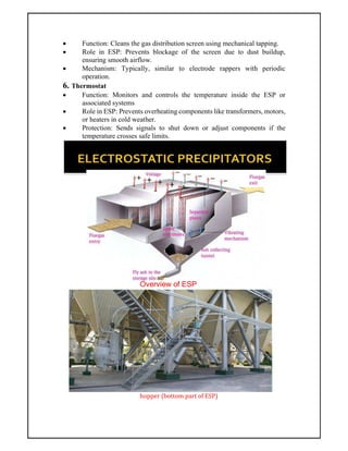  Function: Cleans the gas distribution screen using mechanical tapping.
 Role in ESP: Prevents blockage of the screen due to dust buildup,
ensuring smooth airflow.
 Mechanism: Typically, similar to electrode rappers with periodic
operation.
6. Thermostat
 Function: Monitors and controls the temperature inside the ESP or
associated systems
 Role in ESP: Prevents overheating components like transformers, motors,
or heaters in cold weather.
 Protection: Sends signals to shut down or adjust components if the
temperature crosses safe limits.
Overview of ESP
hopper (bottom part of ESP)
 