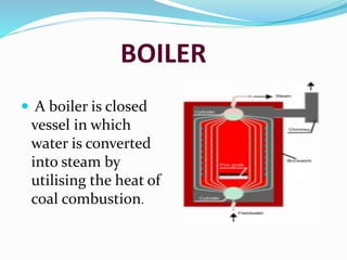 BOILER
 A boiler is closed
vessel in which
water is converted
into steam by
utilising the heat of
coal combustion.
 