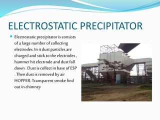 ELECTROSTATIC PRECIPITATOR
 Electrostaticprecipitatorisconsists
ofa large numberofcollecting
electrodes.Initdustparticlesare
chargedandsticktotheelectrodes,
hammer hitelectrodeanddustfall
down.DustiscollectinbaseofESP
. Thendustisremovedbyair
HOPPER.Transparentsmokefind
outinchimney
 