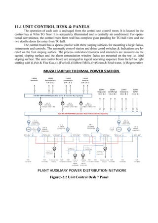 11.1 UNIT CONTROL DESK & PANELS
The operation of each unit is envisaged from the central unit control room. It is located in the
control bay at 9.0m TG floor. It is adequately illuminated and is centrally air conditioned. For oper
tional convenience, the control room front wall has complete
two double doors for entry from TG hall.
The control board has a special profile with three sloping surfaces for mounting a large facias,
instruments and controls. The automatic control station and drive contrl swit
cated on the first sloping surface. The process indicators/recorders and ammeters are mounted on the
second sloping surface and the alarm annunciation window facias are mounted on the top i.e. third
sloping surface. The unit control board are arranged in logical operating sequence from the left to right
starting with (i.)Air & Flue Gas, (ii.)Fuel oil, (iii)Bowl Mills, (iv)Steam & Feed
Figure:
UNIT CONTROL DESK & PANELS
operation of each unit is envisaged from the central unit control room. It is located in the
control bay at 9.0m TG floor. It is adequately illuminated and is centrally air conditioned. For oper
tional convenience, the control room front wall has complete glass paneling for TG hall view and the
two double doors for entry from TG hall.
The control board has a special profile with three sloping surfaces for mounting a large facias,
instruments and controls. The automatic control station and drive contrl switches & Indications are l
cated on the first sloping surface. The process indicators/recorders and ammeters are mounted on the
second sloping surface and the alarm annunciation window facias are mounted on the top i.e. third
l board are arranged in logical operating sequence from the left to right
starting with (i.)Air & Flue Gas, (ii.)Fuel oil, (iii)Bowl Mills, (iv)Steam & Feed
Figure:-2.2 Unit Control Desk 7 Panel
operation of each unit is envisaged from the central unit control room. It is located in the
control bay at 9.0m TG floor. It is adequately illuminated and is centrally air conditioned. For opera-
glass paneling for TG hall view and the
The control board has a special profile with three sloping surfaces for mounting a large facias,
ches & Indications are lo-
cated on the first sloping surface. The process indicators/recorders and ammeters are mounted on the
second sloping surface and the alarm annunciation window facias are mounted on the top i.e. third
l board are arranged in logical operating sequence from the left to right
starting with (i.)Air & Flue Gas, (ii.)Fuel oil, (iii)Bowl Mills, (iv)Steam & Feed water, (v)Regenerative
 
