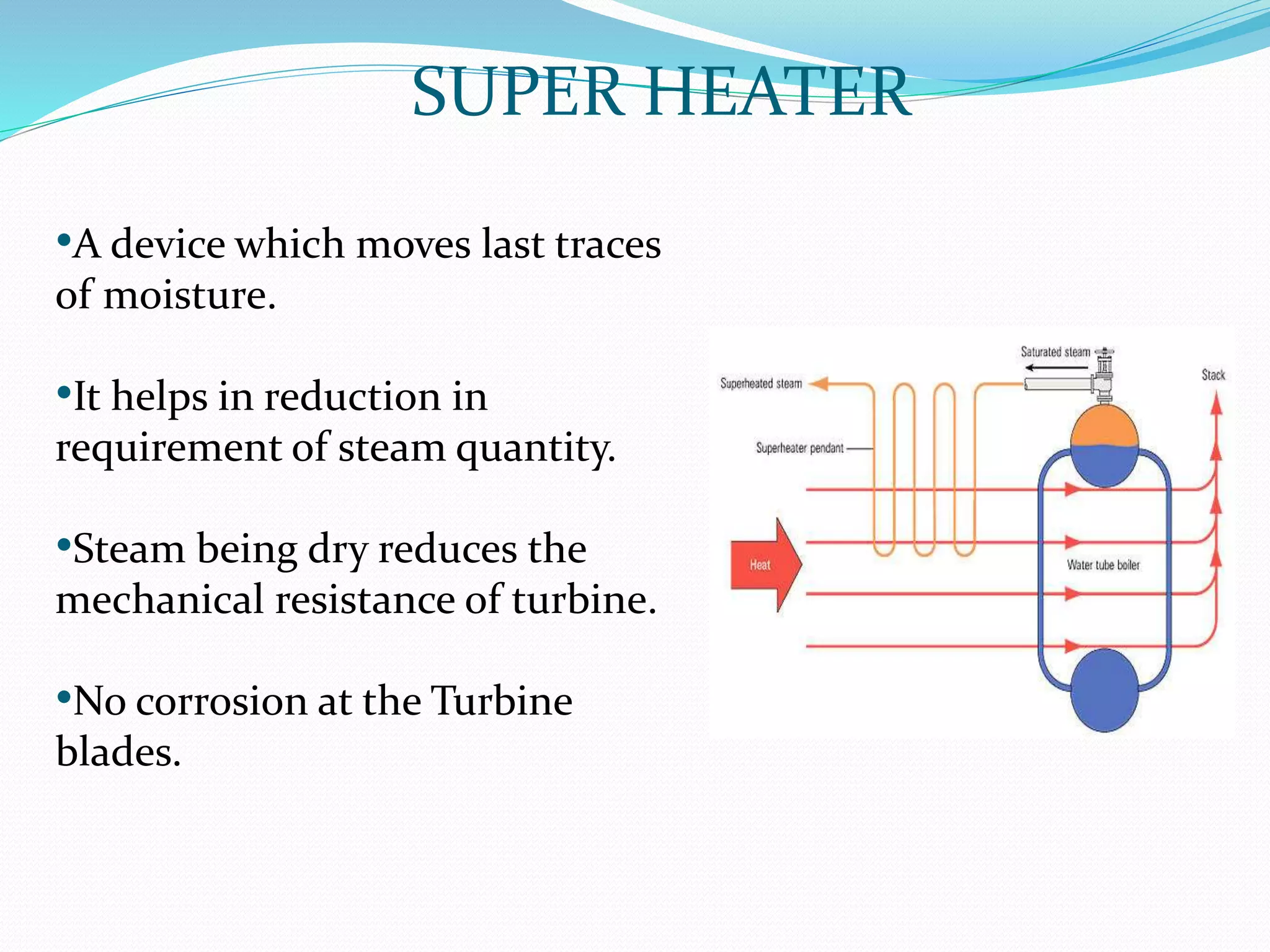 SUPER HEATER
•A device which moves last traces
of moisture.
•It helps in reduction in
requirement of steam quantity.
•Steam being dry reduces the
mechanical resistance of turbine.
•No corrosion at the Turbine
blades.
 